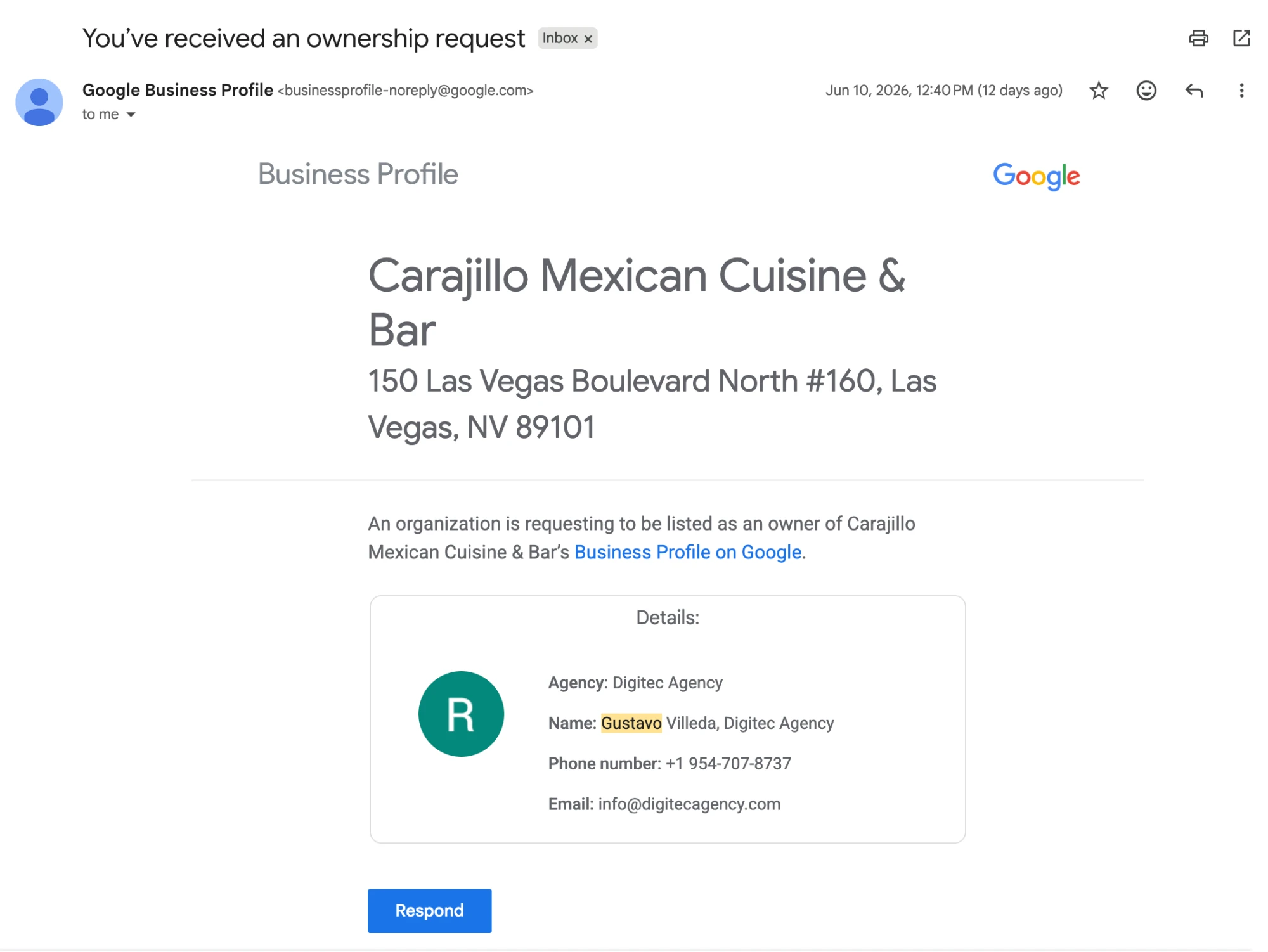 Google Business Profile ownership request — Gustavo Villeda, Digitec Agency